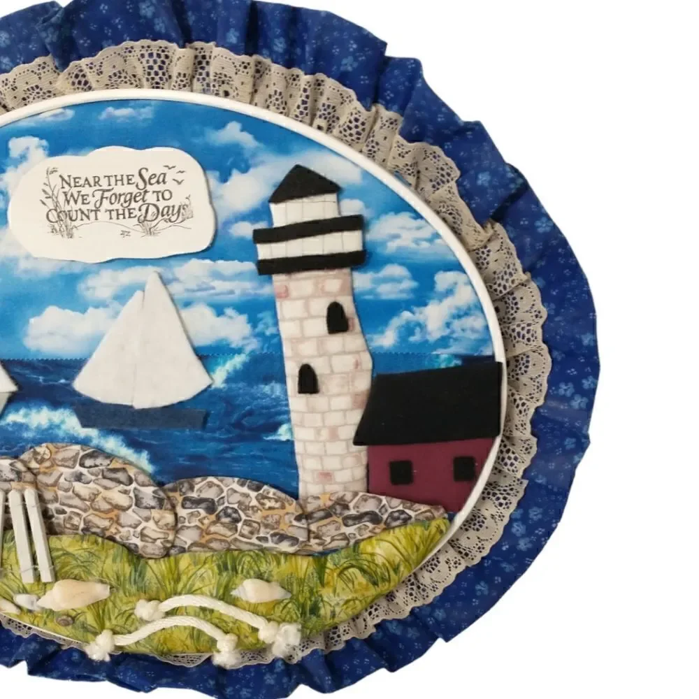 Vtg‎ Handmade Beach Wall Art Near The Sea Quilted Shells Lighthouse Beach House.